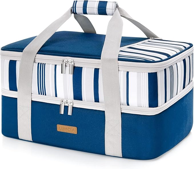 Double Decker Insulated Casserole Carrier for Hot or Cold Food, Lasagna Holder Tote for Potluck Parties/Picnic/Cookouts, Fits 9"x13" Baking Dish, Blue