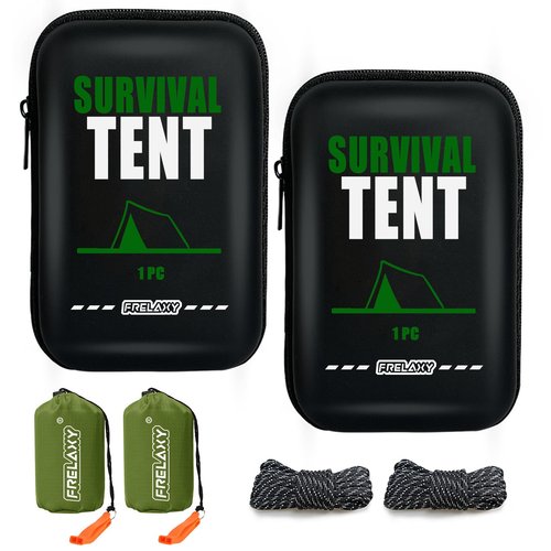 Frelaxy Extra-Thick Emergency Tent, Compact Survival Tent with Whistle, Upgraded Paracord, Storage Pouch, and EVA Case, 2 Person Emergency Shelter for Backpacking, Hiking (Army Green - 2 Pack)