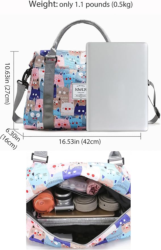 Travel Duffle Bag Weekender Overnight Gym Tote with Dry and Wet Separated Pocket for Women Girls Shoulder Bag Workout Water Resistant (cute dinosaurs)