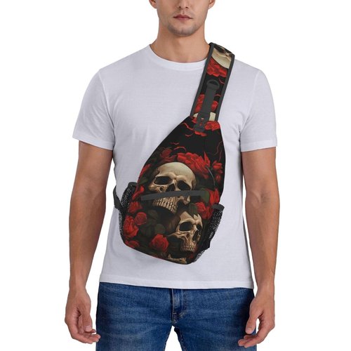 Mqtzyiwx Gothic Rose Blood Skull Sling Backpack Hiking Backpack Crossbody Bag Sports Lightweight And waterproof Chest Bag Shoulder Bag For Women Men