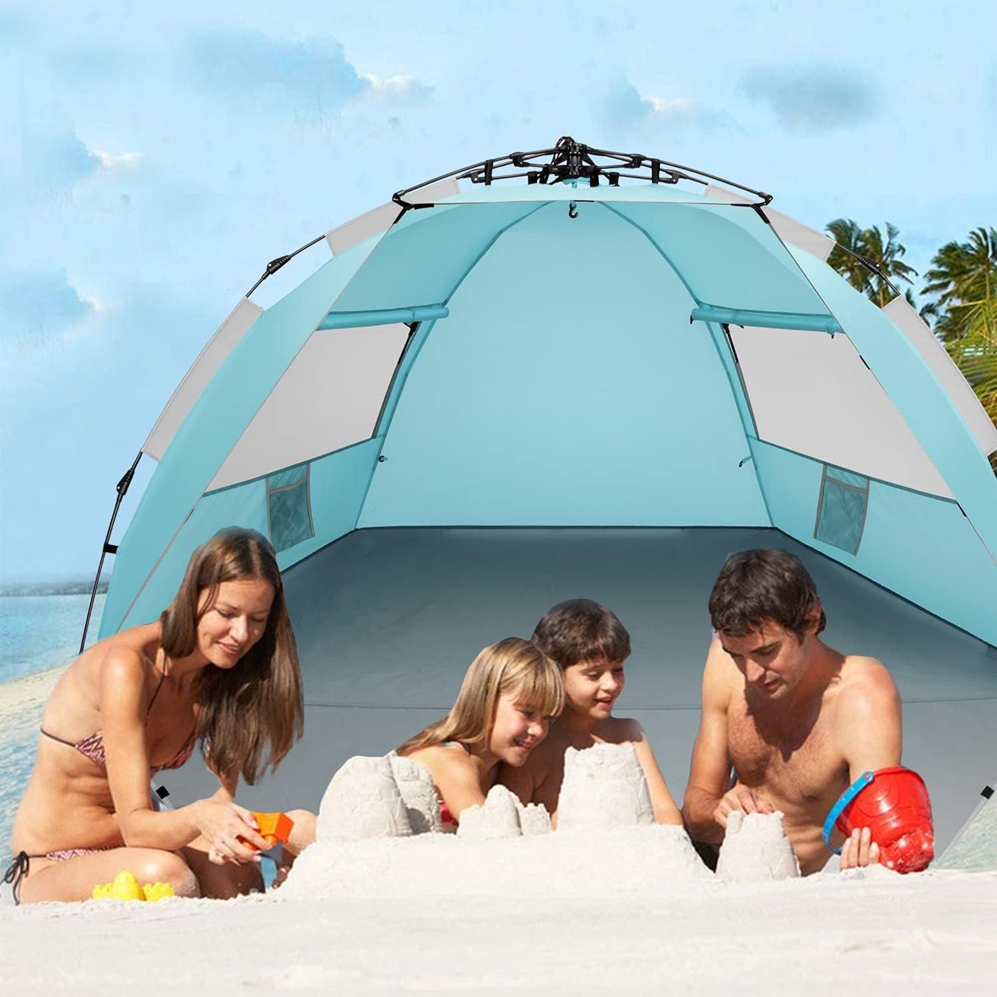 Oileus X-Large 4 Person Beach Tent Sun Shelter - Portable Sun Shade Instant Tent for Beach with Carrying Bag, Stakes, 6 Sand Pockets, Anti UV for Fishing Hiking Camping, Waterproof Windproof, Orange