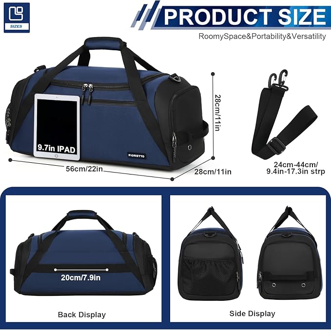 FIORETTO 43L Mens Sports Gym Bag with Wet Pocket & Shoe Compartment, Travel Duffle Bag Overnight Bag with Padded Shoulder Strap, Holdall for Swimming, Basketball, Football Navy