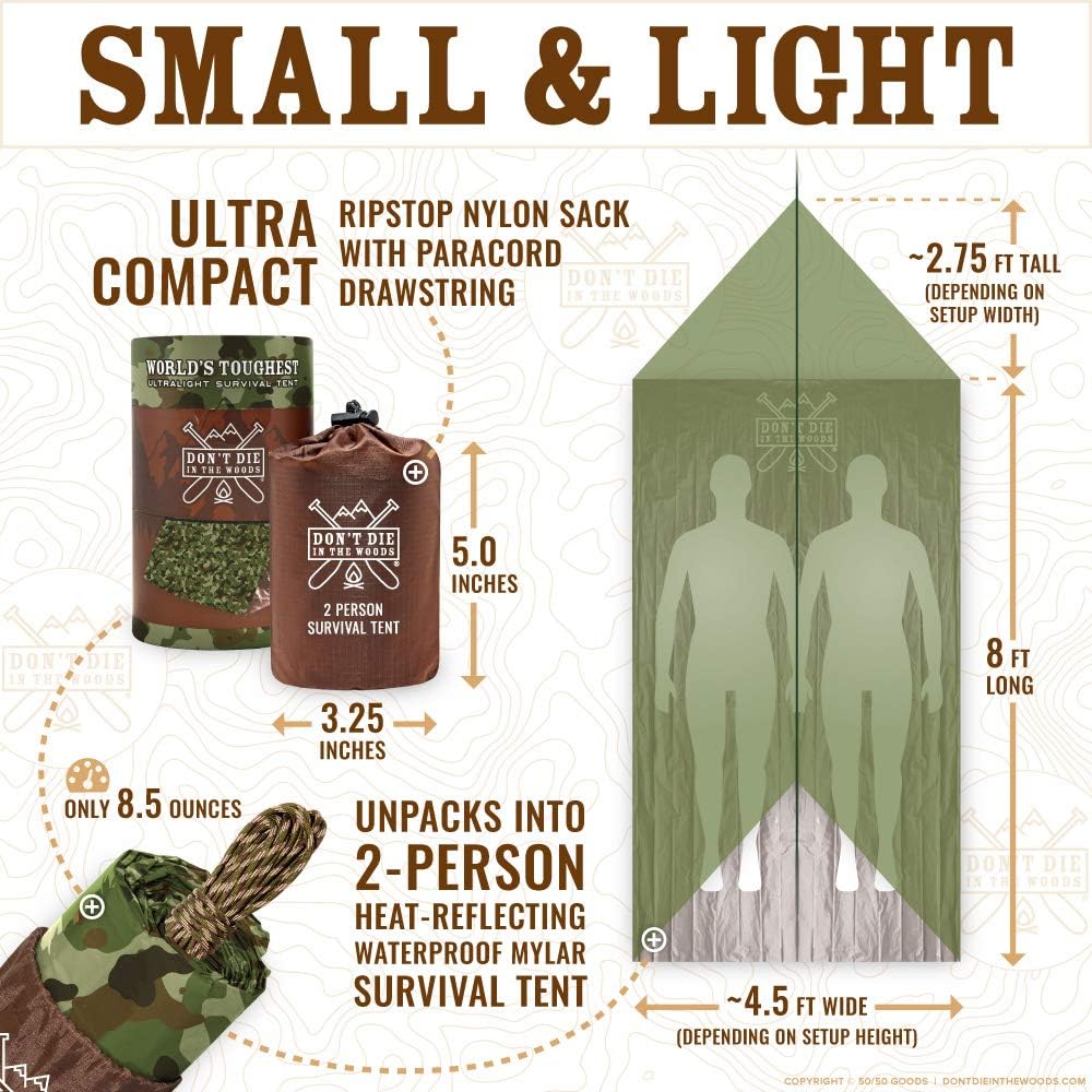 World's Toughest Ultralight Survival Tent • 2 Person Mylar Emergency Shelter Tube Tent + Paracord • Year-Round All Weather Protection for Hiking, Camping, & Outdoor Survival Kits