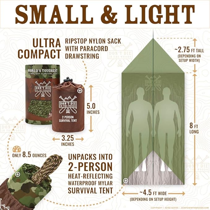World's Toughest Ultralight Survival Tent • 2 Person Mylar Emergency Shelter Tube Tent + Paracord • Year-Round All Weather Protection for Hiking, Camping, & Outdoor Survival Kits