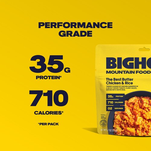 BIGHORN Mountain Food The Best Butter Chicken and Rice - contains 6 packs | 12 servings | 210g Protein | 4,260 Calories - premium freeze dried meals for backpacking food - dehydrated camping food for backpacking meals - ideal camping meals just add water