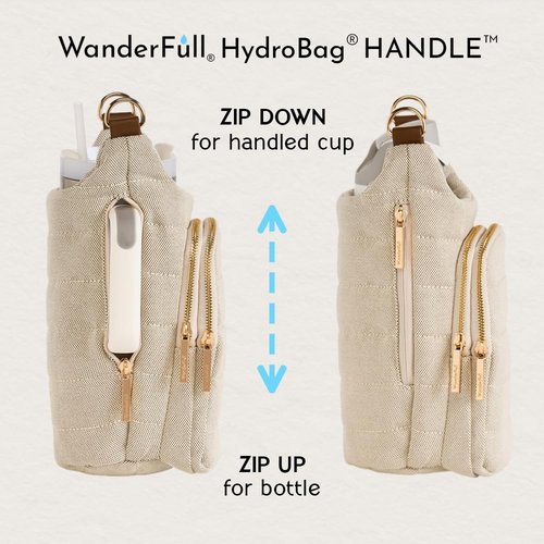 WanderFull HydroBag® HANDLE, Zipper for Handle, 40 oz Water Bottle Holder w/Strap, Crossbody Water Bottle Carrier Bag w/Phone Pocket, Tumbler Accessories - Oatmeal Canvas w/Vegan Leather Trim Strap