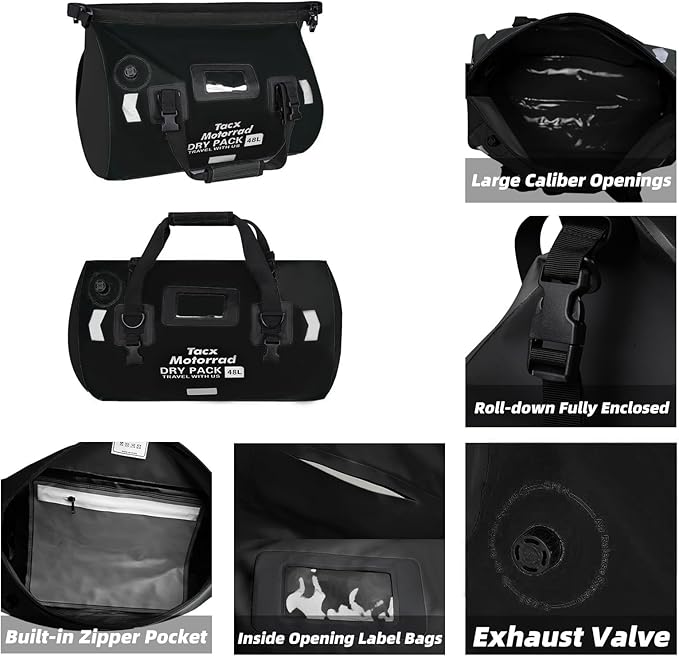 Waterproof Duffel Bag for Men/Women, Roll-top Dry Backpack Duffel Bag with Quick-fixed Straps, Motorcycle Tail Saddle Bag for Motorcycling, Rafting, Boating, Kayaking, Travel, 66L-Black