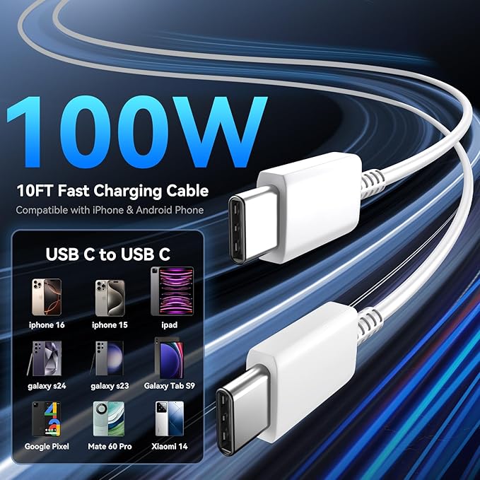 Auorld 45W Super Fast USB C Charger Block with 10FT Long Charging Cord Cable for Phone 16 Pro Max/16 Pro/16/16 Plus, 15 Pro Max/15 Pro/15, Android Phone - White&Blue