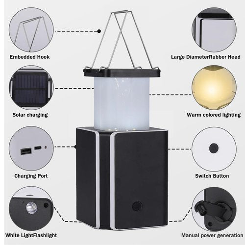 2Pack Solar LED Rechargeable Emergency Camping Lantern,White Solar Rechargeable,Rechargeable Type C,Emergency Lights Hand-Crank Power Generation,Phone Power Supply Function,flashlights