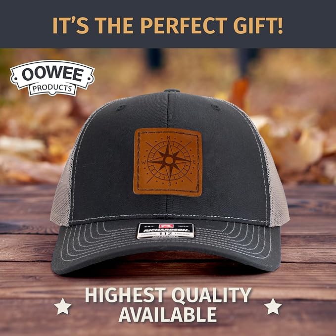Leather Patch Hat for Men - Richardson 112 Trucker Hat w/Full-Grain Leather Patch, Laser-Engraved, Machine-Stitched