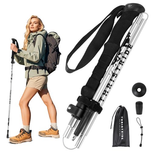 THRISTRIDE Collapsible Aluminum Single Trekking Pole（1pc） - Lightweight Hiking Stick for Women, Men & Seniors, Adjustable Walking Sticks for Hiking, Camping & Outdoor Activities