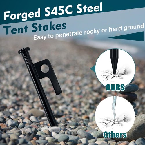 NIOSAVM Heavy Duty Tent Stakes with Hammer - 8pcs 9.8" Carbon Steel Camping Stakes & 11" Mallet, Windproof Stakes for Beach/Rocky Ground, Includes Storage Bag & Anti-Rust Protective Caps