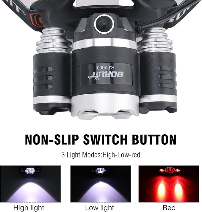 BORUIT RJ-3000 Rechargeabe LED Headlamp 5000 Lumens with Red Light, 3 Modes Super Bright USB Head Lamp IPX4 Waterproof Headlight for Adults USB Outdoor Fishing Camping