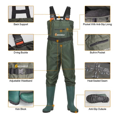 GIEESHIELD Waterproof Bootfoot Chest Waders for Men and Women, Lightweight 2-Ply Nylon/PVC Fishing & Hunting Waders with Boot Hanger - Green (Green, 11)