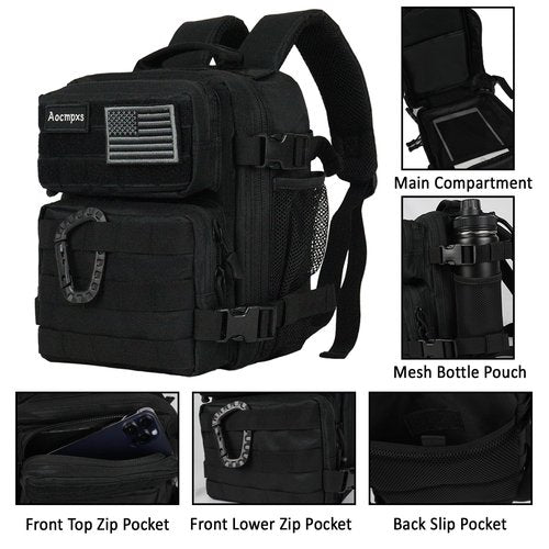 Aocmpxs Mini Tactical Backpack, 9L Small Gym Backpacks Sport Bag for Men Women Molle Military Pack with US Flag Patch and Carabiner (Black)