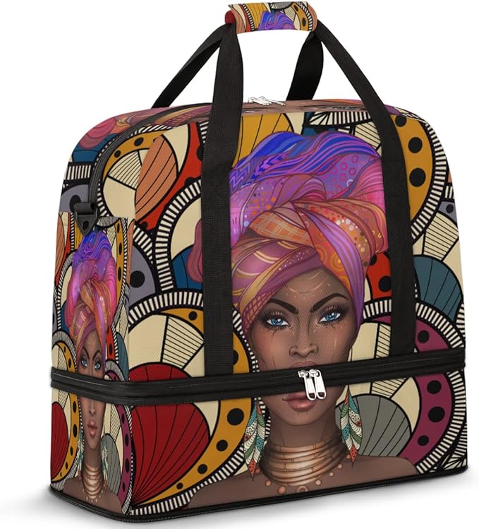 Travel Duffel Bag African Afro Woman Sport Gym Bag for Woman Man,Waterproof Foldable Weekend Overnight Bag for Yoga Workout Training with Shoe Compartment