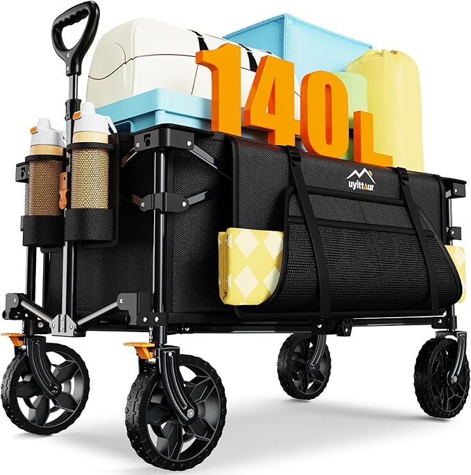 140L Collapsible Wagon Cart Foldable, Folding Utility Grocery Cart with Side Pocket and Brakes for Shopping, Sports, Camping and Garden, Black