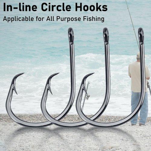 Dr.Fish 50 Pack in-line Circle Hooks, Straight Shank Octopus Hooks, Freshwater & Saltwater Fishing Catfish Tuna Bass Striper 2/0