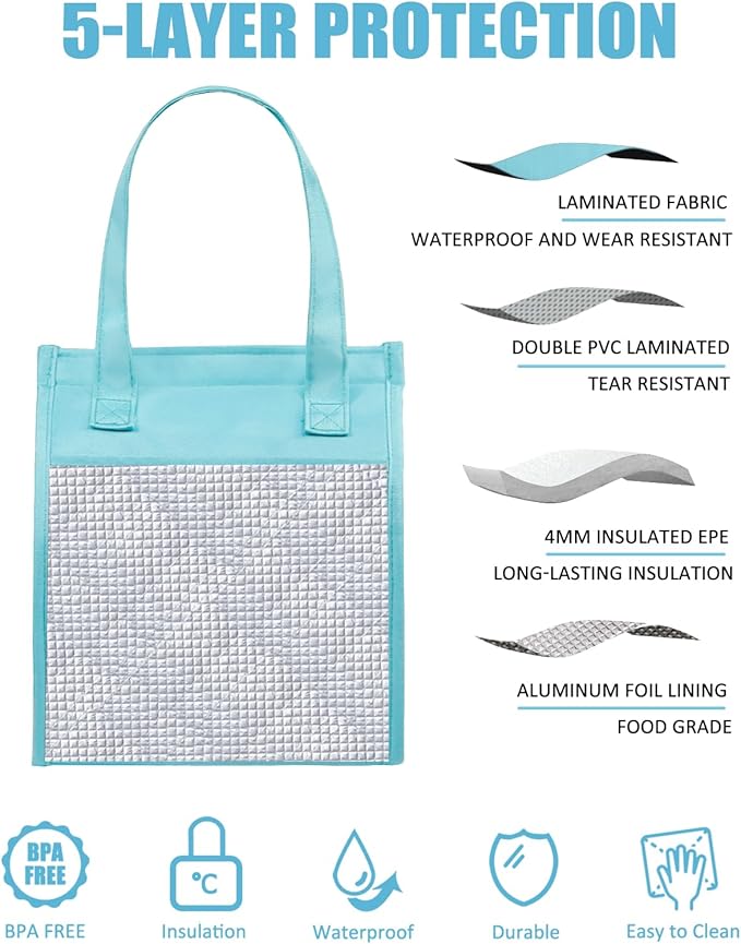 Fmeida Insulated Lunch Bag Women, Simple Lunch Tote Bags, Waterproof Thermal Cooler Lunch Bag, Reusable Adult Lunch Box Bag for Women | Small Sky Blue, Front&Side&Interior Pockets