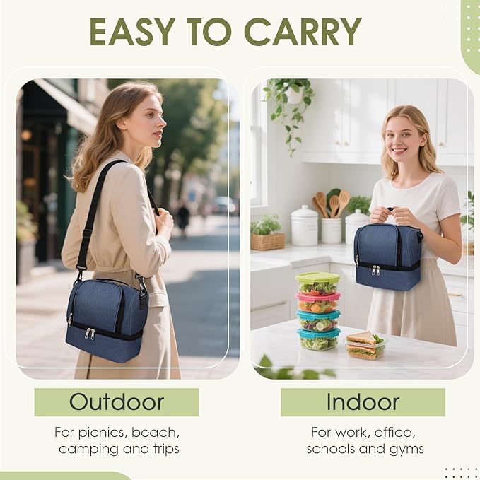 Lunch Box Lunch Bag for Women Men Reusable Insulated Lunch Bag Women Lunch Cooler Tote Bags with Adjustable Shoulder Strap for Office Work Picnic Travel, Navy Blue