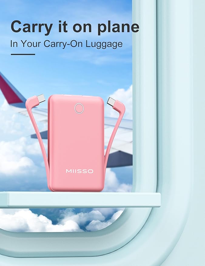 miisso 10000mAh Slim Portable Charger with Built in Cable, Power Bank Travel Charger External Battery Pack for Phone, 3 Output USB Type C Cord Clutch Charger Compatible with iPhone, Pink