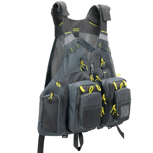 Gonex Fly Fishing Vest for Men Women, Comfortable Adjustable Fishing Vest with Multi-Pockets Reflective Stripes, Gray+Yellow