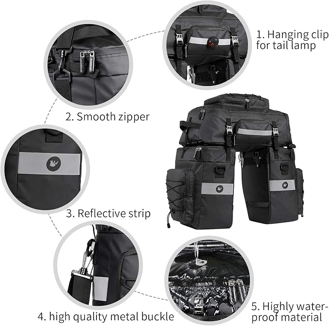 HUNTVP Bike Pannier Bag Bicycle Rear Rack Bag Waterproof - 3 in 1 Cycling Multi Function Rear Seat Bag with Rain Cover