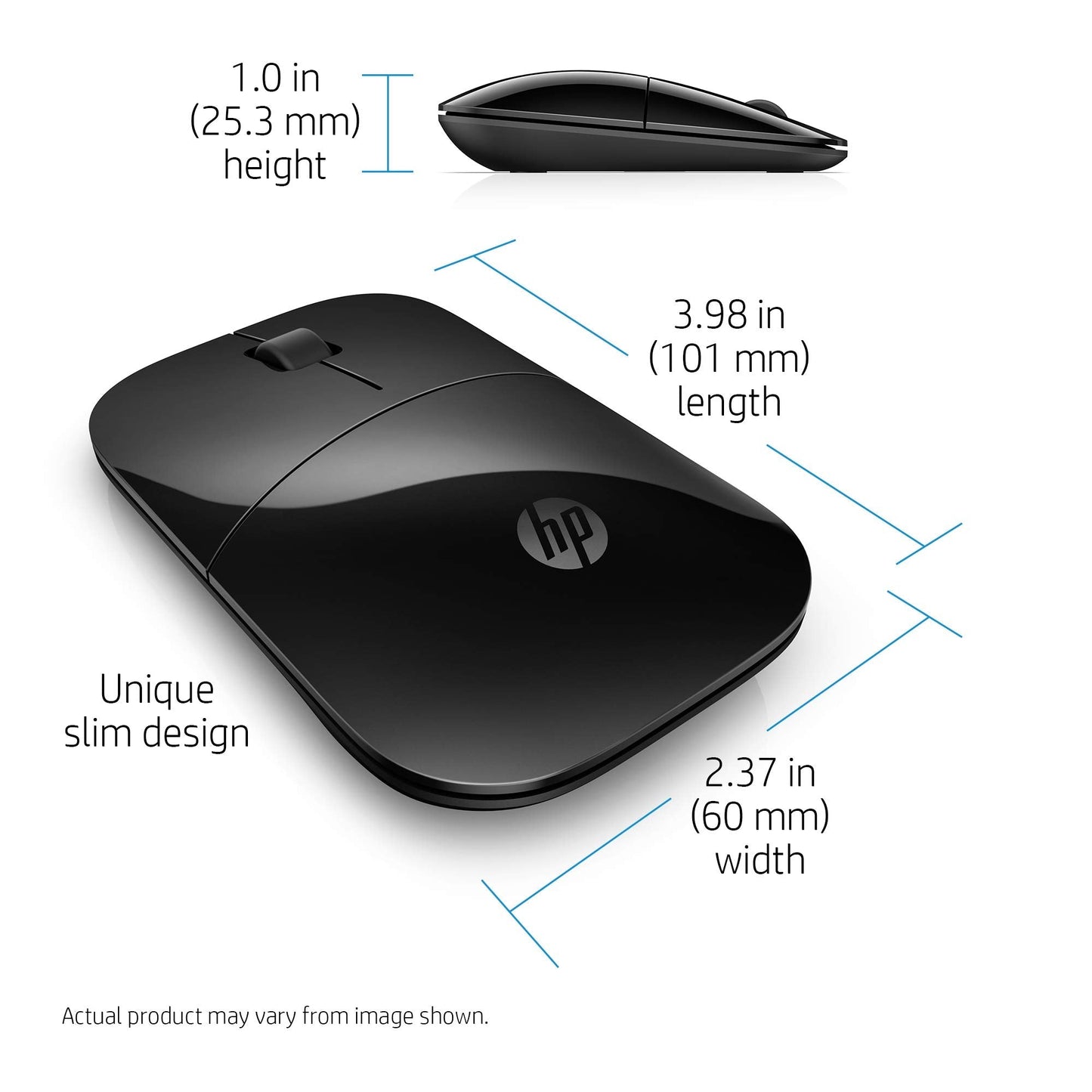 HP Wireless Mouse Z3700 (26V63AA#ABL, Black), Dimensions (mm) : 101 x 60 x 25.3