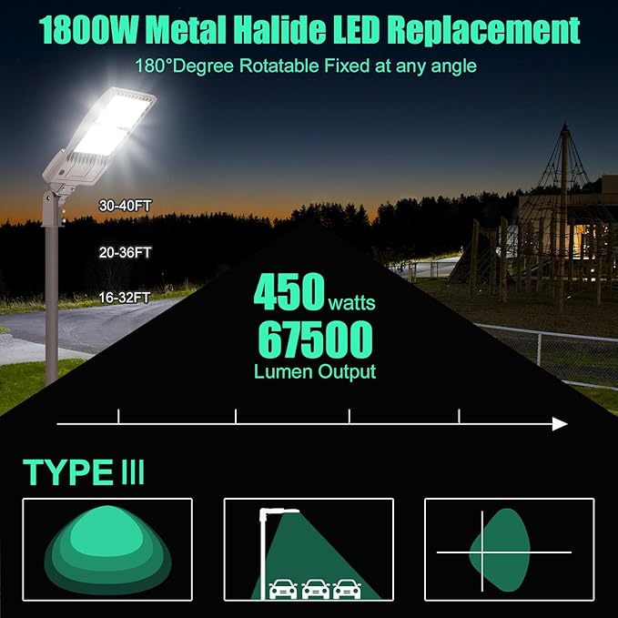 450W LED Parking Lot Light Dusk to Dawn Photocell with Slip Fitter 67,500LM, DLC ETL Listed Outdoor Street Area Light LED Shoebox Parking Pole Light 5000K IP65 Waterproof Commercial Light 100-277VAC
