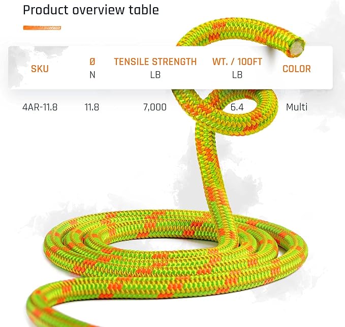 Pelican Rope Arborist Rope 11.8mm x 200Ft, USA Made High-Strength 24-Strands Static Climbing Rope - 7,000 lb Strength for Tree Climbing, Pulling, Outdoors & Swing - Yellow, Plain End