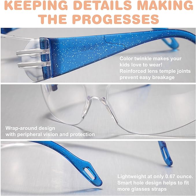 Kids Safety Glasses 24 Pack, Scratch, Impact Resistant Safety Goggles with Clear Lens Assorted Twinkle Color Frame, Eyewear for Lab, Sports,Shooting, Landscaping, Child Youth Size