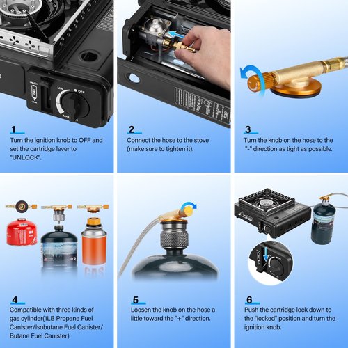 WADEO Three Fuel Portable Camping Stove with Windblocker, 3 in 1 Propane Butane Isobutane Stove with Carrying Case and Stainless Steel Hose Adapters, Gas Camp Stove for Cooking, BBQ, Travel RV, Hiking