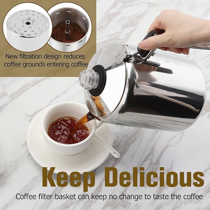 Hillbond 9 Cup Percolator Coffee Pot, Stainless Steel, Outdoor Camping, 72.0 fl oz