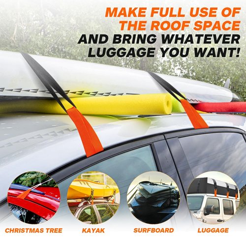 6 Car Door Hook Straps with Double Loops - Universal Roof Rack Straps for Secure Cargo, No Roof Rack Needed, Heavy-Duty Waterproof Design, Compatible with Most Cars(Orange)