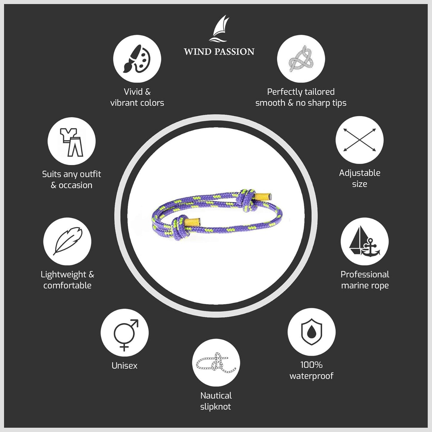 Wind Passion - Rope Bracelet for Men & Women - Adjustable Sailors Knot Paracord Bracelet - Waterproof & Sturdy