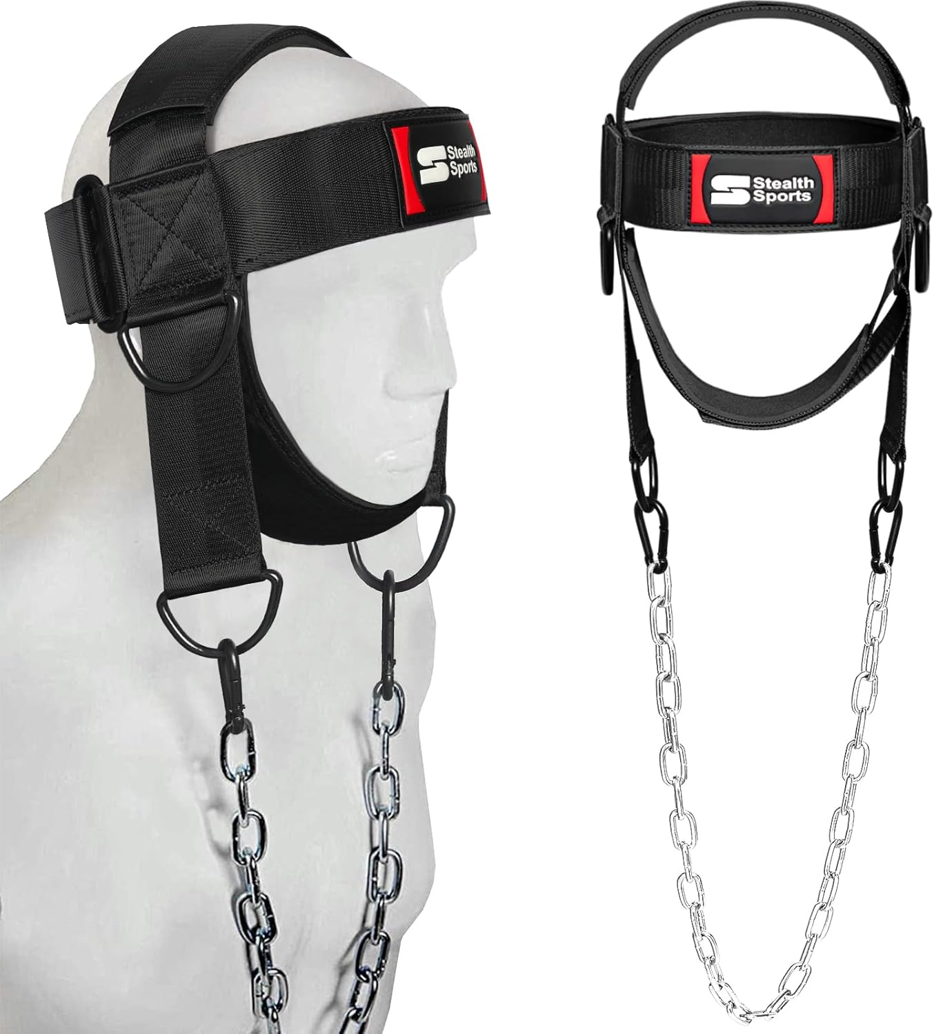 Neck Harness with 88cm Adjustable Chain - 360 Degree Thick Neoprene Padded Chin & Head Straps Neck Exerciser for Weight Training & Neck Workout Head Harness for Weight Lifting