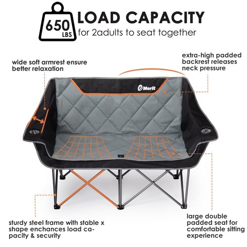 EMERIT Oversized Double Duo Camping Chair Folding Camping Loveseat 2 Person Camping Couch Heavy Duty Lawn Chairs for Outside with Padded Seats & Armrests-Support 650LBS