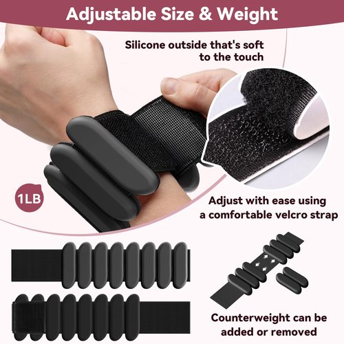 Wrist Ankle Weights Set of 2 (1lb Each), Adjustable Weight Arm and Leg Weights for Women Men, Silicone Weighted Bracelets for Home Workout, Pilates, Walking, Running, Yoga, Dance, Gym (Black)