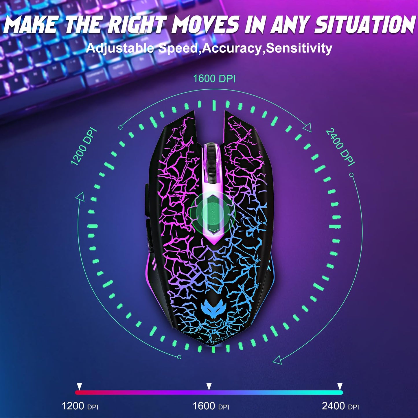 Wireless Gaming Mouse, Rechargeable Wireless Computer Mouse, 7-Color LED Light, Ergonomic Mouse with 6 Silent Click Buttons, 3 Adjustable 2400 DPI Wireless Mouse for Laptop,PC,Mac, Black