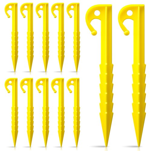 12 Pack Plastic Tent Stakes,5.7 inches, Ideal for Sand, Camping, Backpacking, Beach, Garden, and Lawn use. Durable, Rust-Resistant, and Reliable Support.(Yellow)