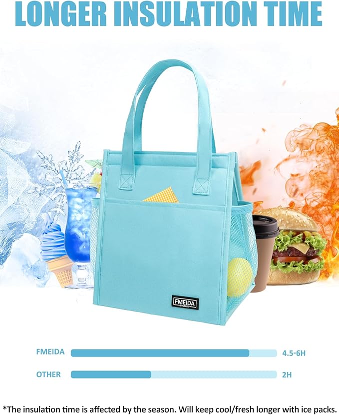 Fmeida Insulated Lunch Bag Women, Simple Lunch Tote Bags, Waterproof Thermal Cooler Lunch Bag, Reusable Adult Lunch Box Bag for Women | Small Sky Blue, Front&Side&Interior Pockets