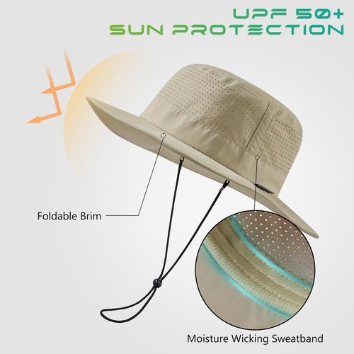 UVSAI UPF 50+ Bucket Sun Hat with Laser Perforated Mesh Cooling Adjustable Breathable Lightweight for Outdoor Men Women Khaki