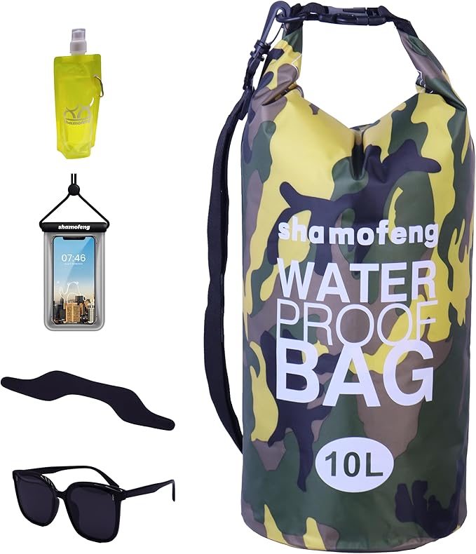 Waterproof Dry Bag Combo 5-30L Roll Top Dry Storage Bag Backpack for Kayaking Boating Beach Camping Travel Fishing, w/Phone Case & Collapsible Water Bottle & Sunglasses & Ear Band,Yellow 15L