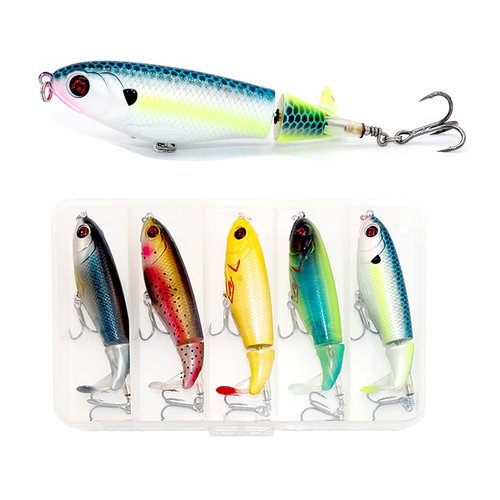 SENPHE 5PCS Topwater Fishing Lures for Bass Fishing with Storage Box, Whopper Popper Fishing Lure Catfish Pike Perch, Floating Pencil Bass Bait with Rotating Tail Freshwater (Box-A(5PCS))