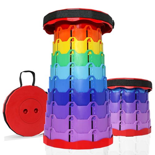 RizzQi Upgraded Collapsible hickened Portable Camping Stool with Adjustable Height and Retractable for Fishing, Hiking, BBQ, Concert Party, Outdoor (Rainbow Red)