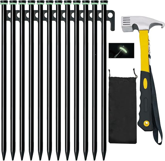 12 Pack Tent Stake with Hammer, 16in Heavy Duty Tent Stakes + 10in Camping Hammer+Storage Pouch, Forged Steel Tent Stakes for Camping Used on Rocks(12 Pack 16in Tent Stakes+Hammer