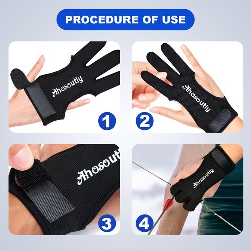 AHOSOUTLY Archery Glove Three Finger Leather Elasticity Archery Protective Gloves Archery Shooting Gloves for Adult and Kids,Protective Gear (Black, Medium)