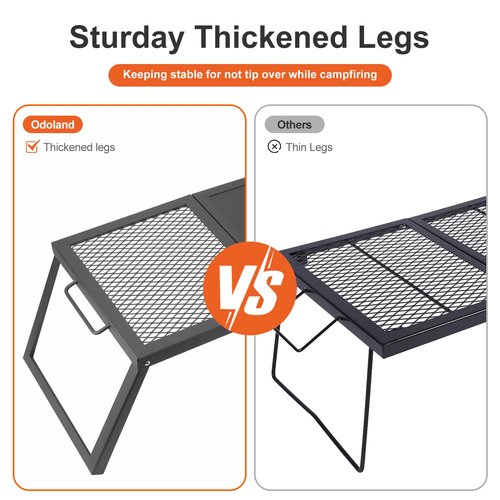 Odoland Folding Campfire Grill, Heavy Duty Steel Mesh Grate with Folding Legs and Storage Bag, Portable Camping Grates, Over Fire Pit Grill Rack for Outdoor Cooking and Bonfire