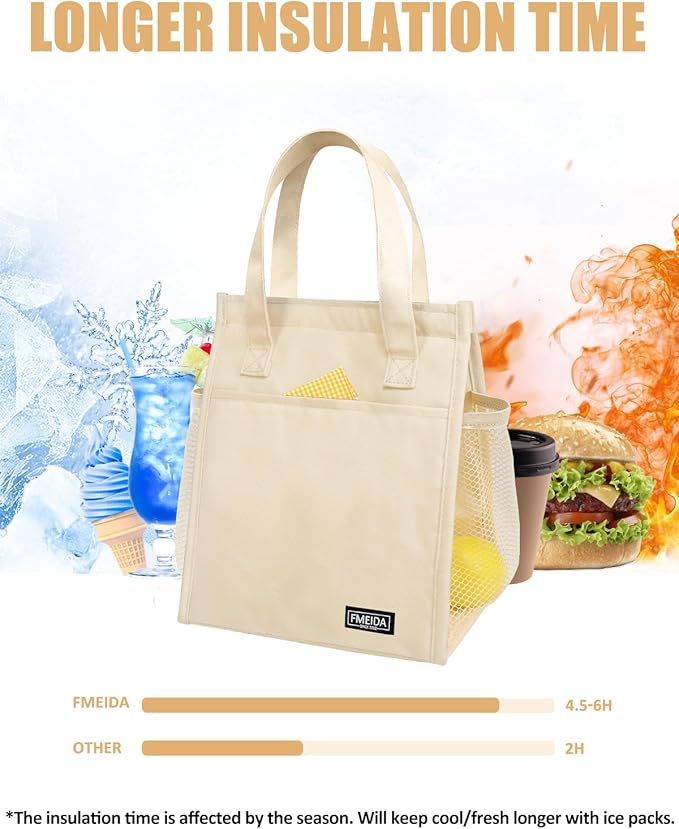 Fmeida Insulated Lunch Bag Women, Simple Lunch Tote Bags, Waterproof Thermal Cooler Lunch Bag, Reusable Adult Lunch Box Bag for Women | Small Beige, Front&Side&Interior Pockets