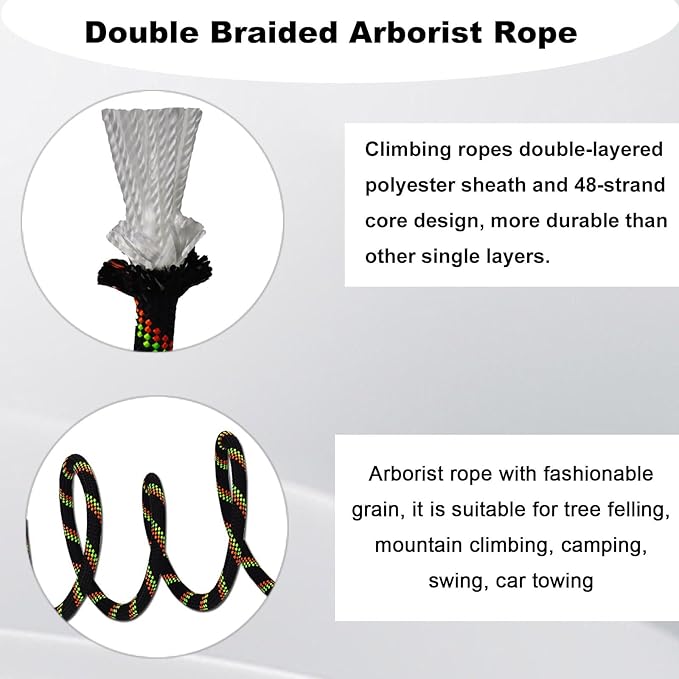 Double Braided Arborist Rope - 1/2 Inch x 150 Feet Polyester High Strength Climbing Rope for Tree Work, Swing, Halyard, Sailing(Black/Green/Orange)